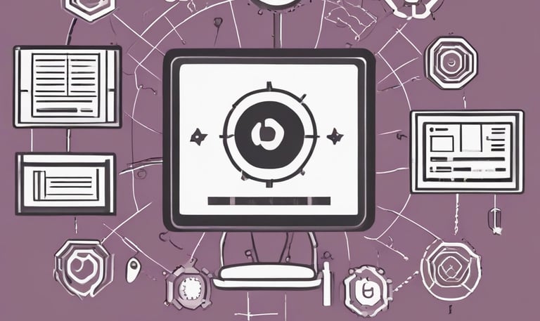 A man stands at a whiteboard in a modern office setting. The whiteboard displays a website wireframe sketch with some notes. The man is wearing a white t-shirt and is holding a marker. In front of him, on a wooden table, there is a laptop with various stickers, a smartphone, and an electronic device. The office features large windows and sleek lighting fixtures.