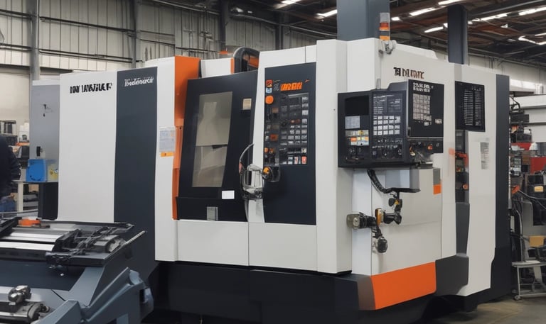 A detailed close-up of a CNC machine that is milling or drilling into a piece of metal on a workbench. The focus is on the cutting tool and the metal piece, showing precision and industrial craftsmanship.