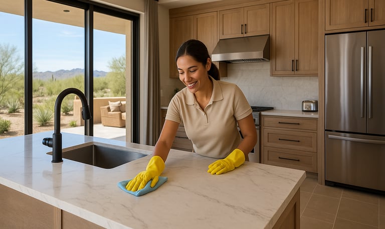 Kitchen cleaning service by Dust Be Gone professional cleaning countertops in Paradise Valley home