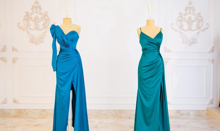 two dresses on mannequins in a room