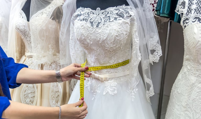 a woman measuring a dress with a measuring tape measure tape