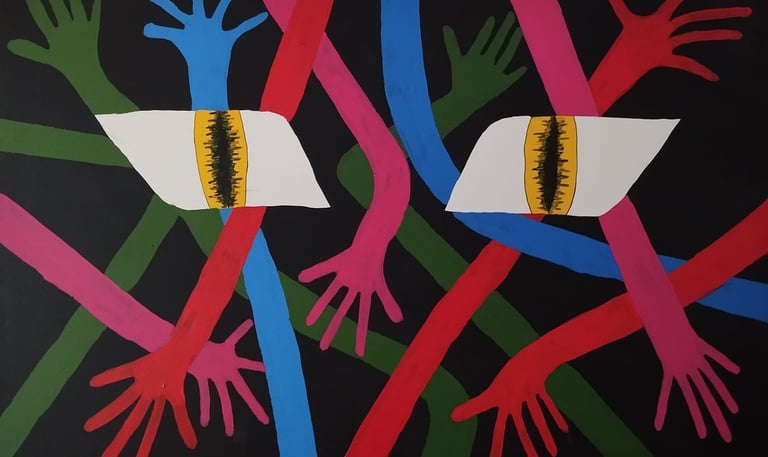 a painting of a cat eye looking around colored arms