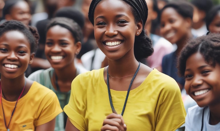Six women pose confidently in front of a vibrant, colorful mural depicting large floral designs. The background consists of pink, green, and red hues. Each woman is dressed in stylish, contemporary outfits, ranging from white dresses to casual tops and pants. Their expressions and poses convey a sense of strength and empowerment.