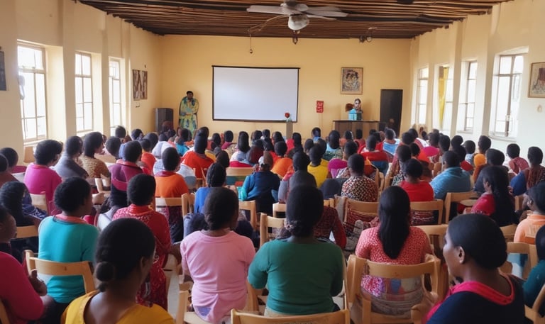 A group of women wearing casual clothing are engaging with children in a colorful room. The walls are painted with bright circles and letters. Some of the women are seated, serving food or interacting with the children, while one stands using a phone. The children are sitting or kneeling on the floor, holding bowls and cups.
