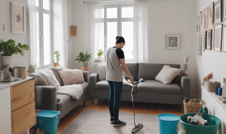 A worker is suspended on ropes, cleaning the windows of a large brick building. The person is equipped with cleaning gear, including a brush and a safety harness attached to a bucket of supplies. The window panes have visible streaks being cleaned, contrasted against the industrial background of brick and metal.