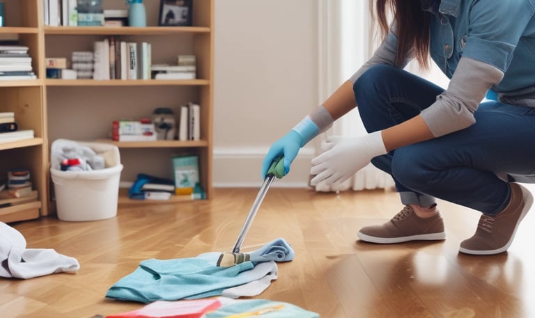 A person is cleaning a glass surface on a modern building using a squeegee. They stand on a narrow ledge with a safety harness attached. Another person is on an escalator inside the building, partially visible through the glass.