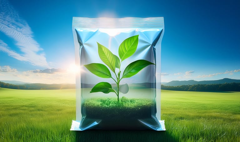 a bag of green plants in a field