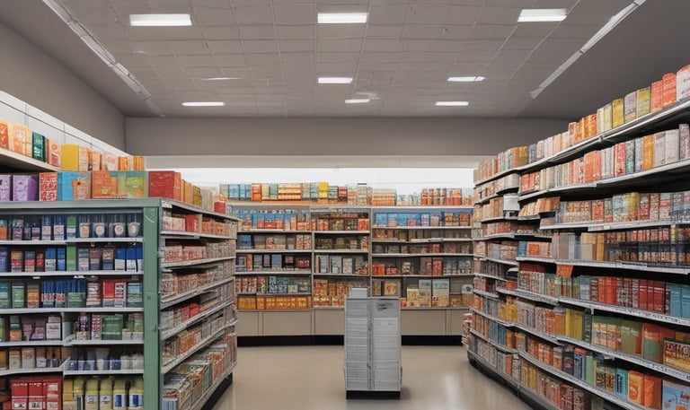 A traditional shop selling various dried goods, with shelves full of jars and containers. Two men interact in the brightly lit store, surrounded by an array of packaged products and handwritten signs displaying prices. Hanging light bulbs add a warm glow to the bustling environment.