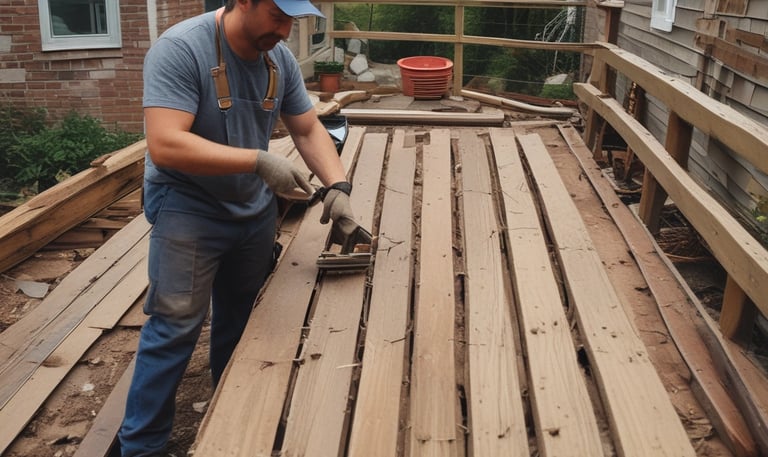 A construction site with concrete forms and wooden planks arranged on the ground. Tools and materials are scattered around, including a blue tarp, bucket, cutting tools, and electrical cables. Sunlight casts shadows on the concrete surface.