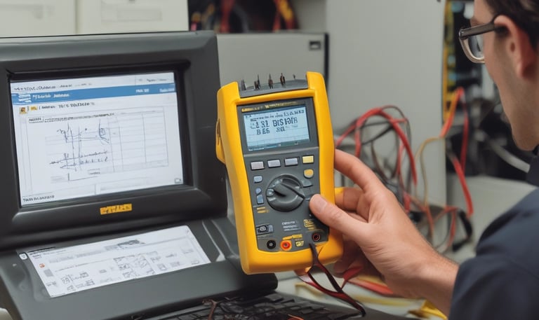 A spacious industrial workshop with multiple blue and white rail maintenance vehicles positioned on tracks. The vehicles are surrounded by a structural framework of yellow metal platforms and ladders, used for maintenance purposes. Overhead cranes and a lattice of beams and lighting fixtures dominate the ceiling, providing a busy industrial atmosphere.