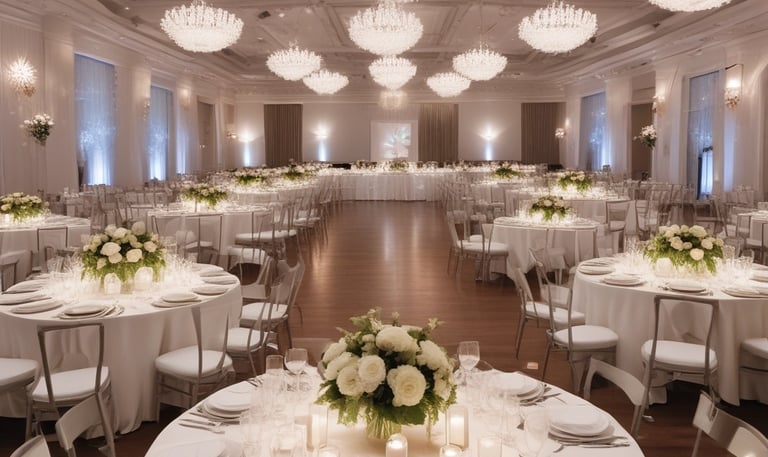 salon de eventos fiestas elegante con mesas blancas y sillas elegantes con centro e mesa floral