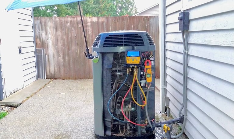 An outdoor HVAC system maintenance during a visit to our client making readings on the digital tool
