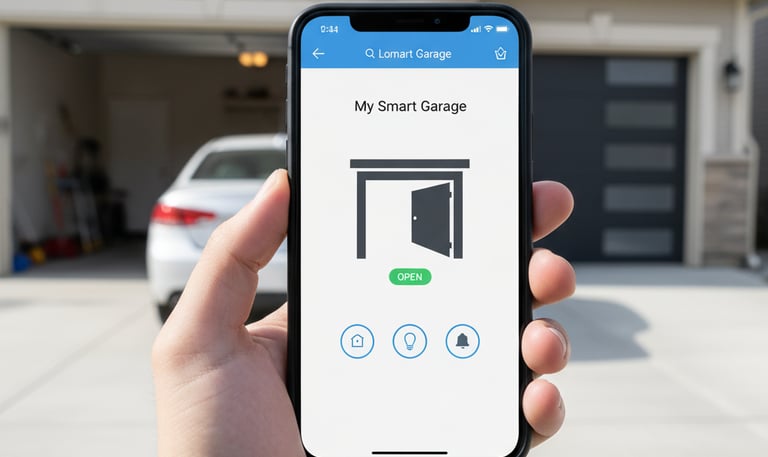 image of hand holding a phone with a smart app that opens the garage door