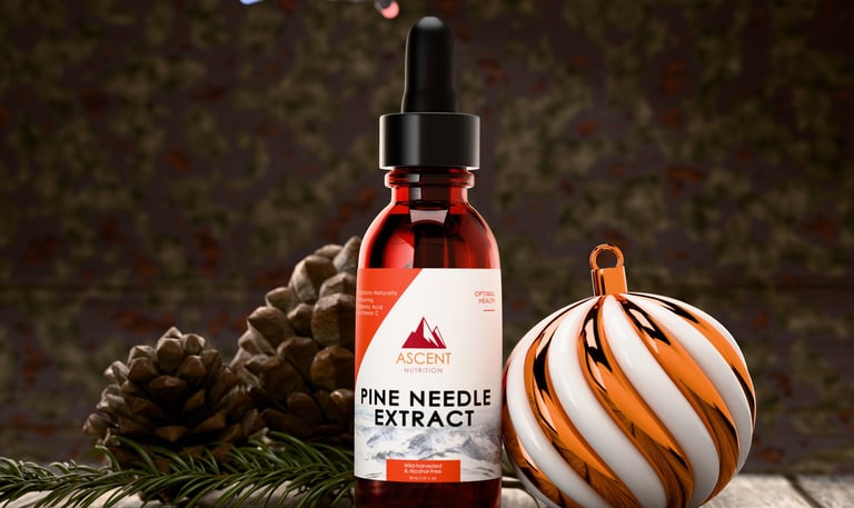 A 3D rendering of two pine cones, a dropper bottle of pine needle extract and a christmas ornament