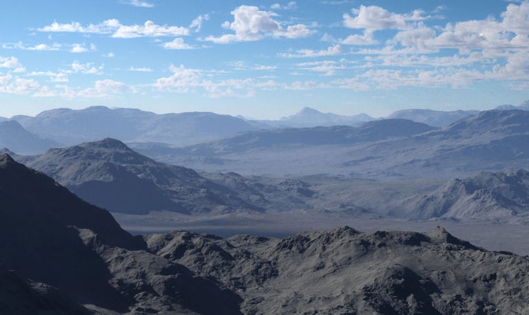 A 3D rendering of a wide mountainous desert landscape
