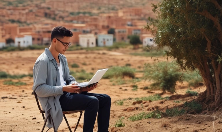 A high-speed white train travels on railway tracks alongside a road with moving vehicles, including cars and trucks. The scene is set in a rural area with sparse trees and vegetation. Two large wind turbines stand in the background, towering over the landscape. The sun casts long shadows, suggesting it is either early morning or late afternoon.