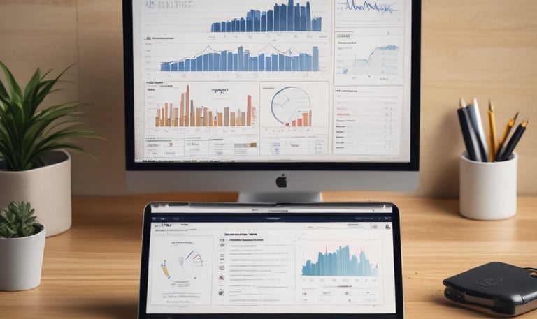 People are working on laptops at a modern office setup. The environment appears collaborative and tech-focused, with laptops, notebooks, and a bright, colorful interior featuring orange and green tones.