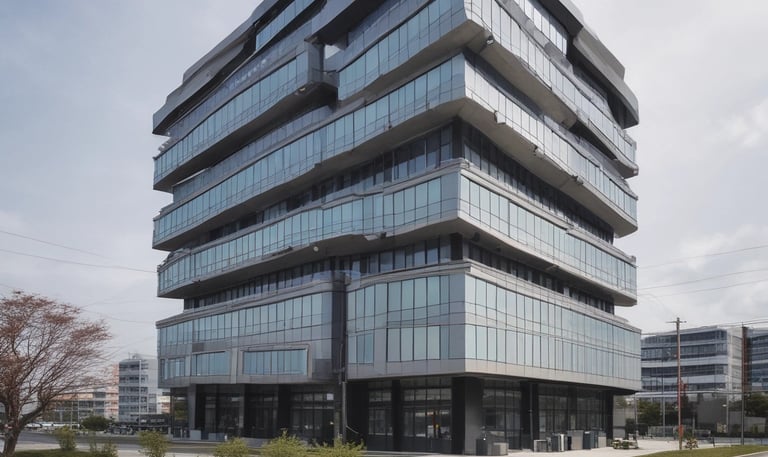 A large building with classic architectural features, including arched window frames and ornate detailing, is under renovation. Scaffolding is erected along the side, reaching up to the roof. The building has a muted, aged facade with multiple windows, some of which are open.