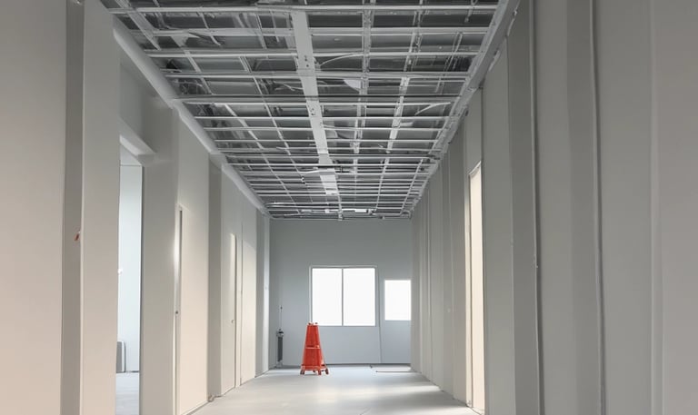 The image depicts an unfinished interior space with exposed brick walls and a concrete floor. Construction materials such as wooden boards, buckets, and other building supplies are scattered around the room. There is a partially opened doorway leading to another room, highlighting the ongoing renovation process.