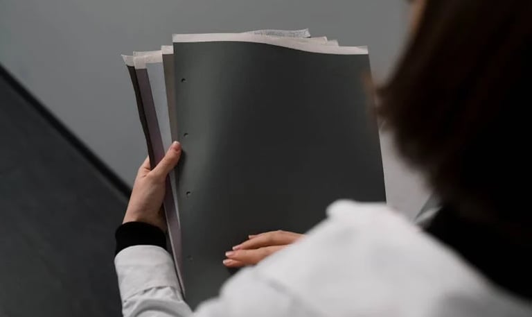 una mujer sosteniendo varias carpetas con documentos en las manos