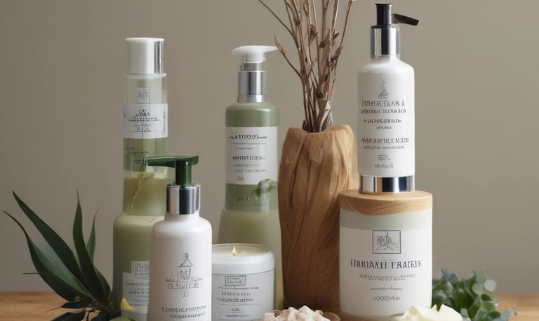 A bathroom shelf holding various skincare products, including bottles and tubes labeled with text like 'JAPANFUSION' and 'RETINOL'. A metal-framed mirror stands beside a potted green plant in a blue ceramic pot. The sink below features a chrome faucet with vintage-style handles, and a bar of soap is placed beside the skincare items.