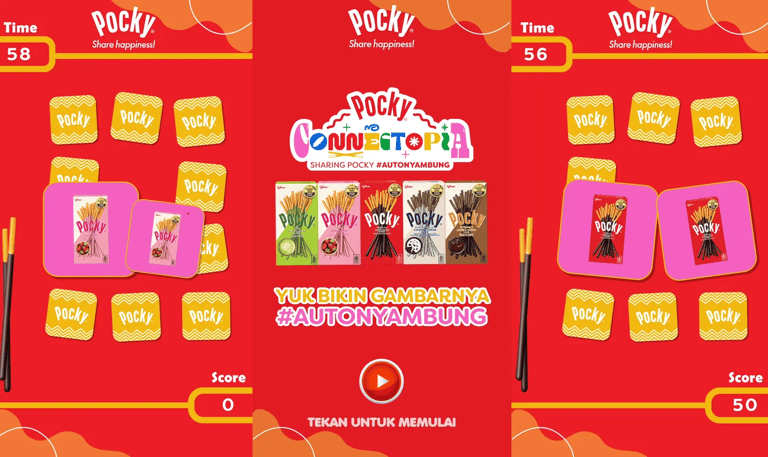 Colorful UI design assets for Pocky Memory Match game featuring product packaging