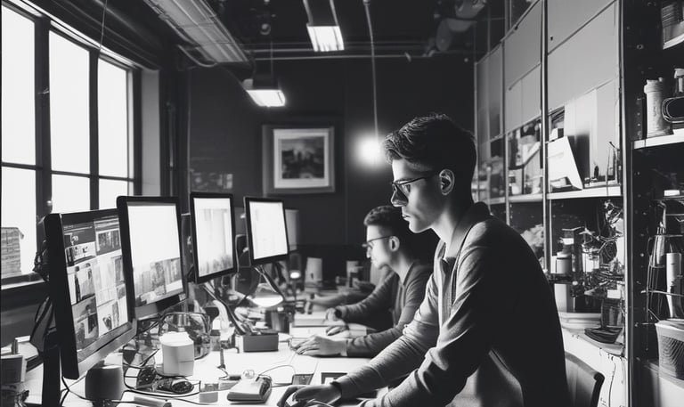 A modern workspace with a laptop, notebook, and coffee cup on a clean desk.