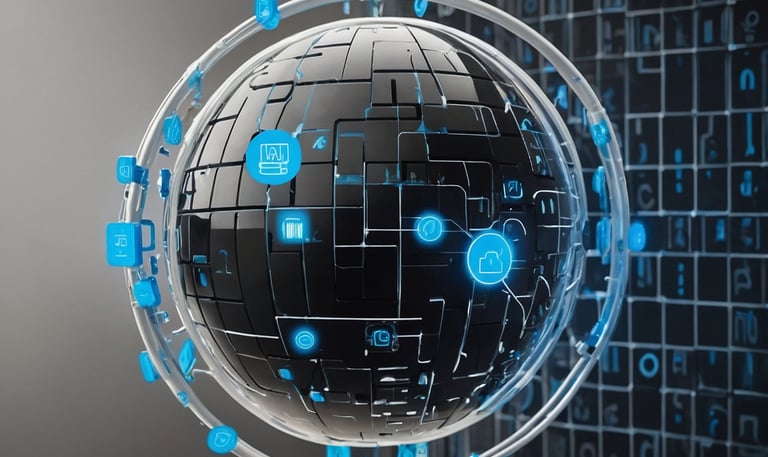 uma esfera azul e preta com diversos símbolos relacionados a tecnologia