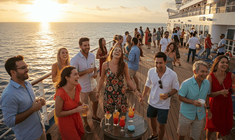 a group of people on a cruise standing on a deck
