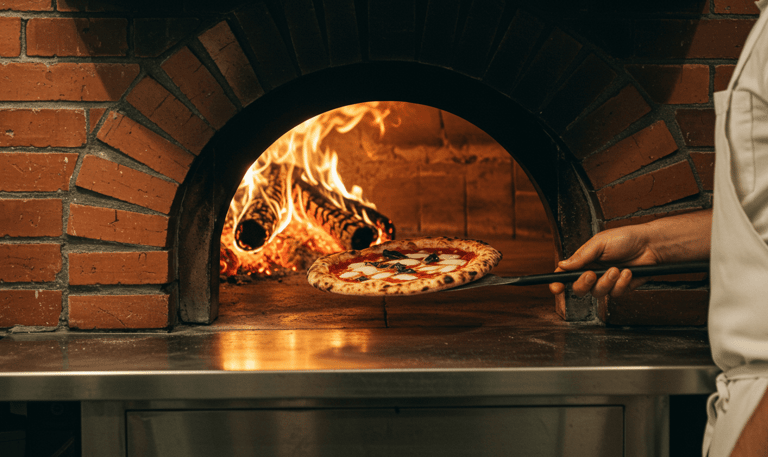a pizza oven with a pizza being cooked in it