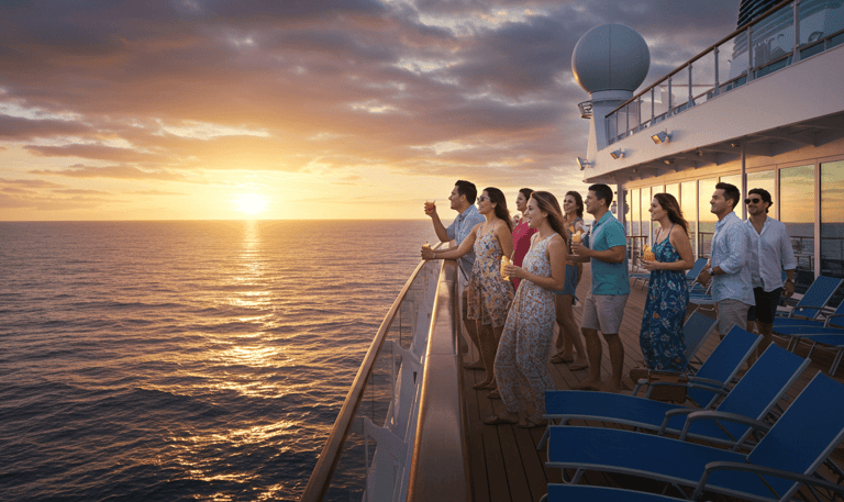 a group of people standing on a cruise ship