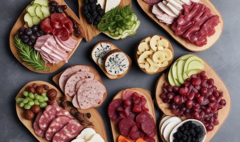 A wooden table is set with a large charcuterie board featuring an assortment of meats, cheeses, and accompaniments. Slices of cured meats like salami and prosciutto are arranged alongside wedges of various cheeses, including a wheel of Brie with a piece cut out. The board also contains small pickles, olives, grapes, and a bowl of nuts. A whole baguette and a slice are placed beside the board, and there is a small serving knife on the table.
