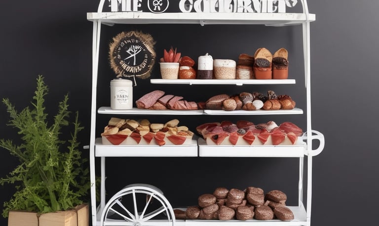 A mobile coffee cart adorned with white flowers and decorative grasses. It features a black menu board displaying various coffee options with prices, such as espresso, cappuccino, and cafe latte. Behind the board, there is a shiny coffee machine and various items neatly placed around it, including wicker baskets. The atmosphere appears relaxed and charming.