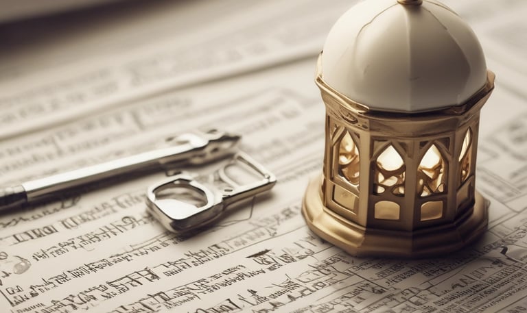 A hand holds a book with a decorative green cover displaying Arabic script and patterns. The book cover includes the title 'Al-Qur'an Wakaf' along with the branding of 'Madina'. There is a combination of ornate designs in white, gold, and green creating an intricate frame around the central text.