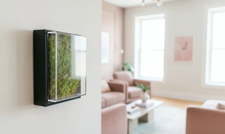 A modern living room featuring a framed moss wall art against a light wall, enhancing interior decor.