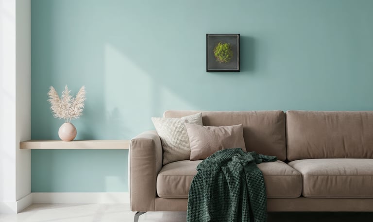Modern living room featuring a brown sofa, green throw blanket, and moss wall art against a sage green wall.
