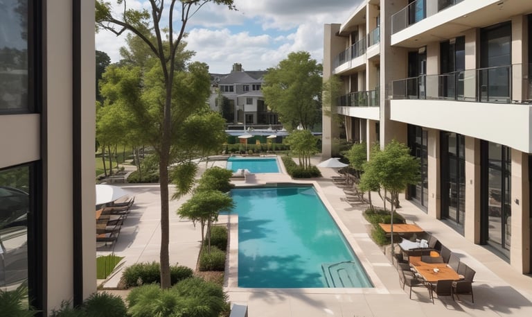 A modern multi-story building with numerous windows, featuring a central entrance labeled 'Leasing Office'. A pathway leads up to the entrance, bordered by manicured plants and palm trees. A zebra crossing stretches across the asphalt road in front of the building.