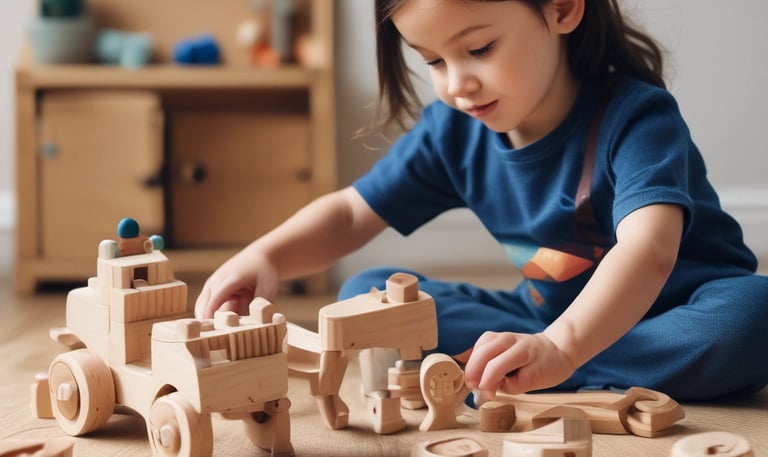 A collection of vibrant wooden toys displayed creatively on a table.