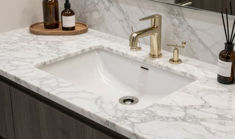 A close-up view of a marble surface featuring intricate gray veining patterns on a white background. The texture appears smooth and polished, with natural variations in the stone creating a sense of elegance and luxury.