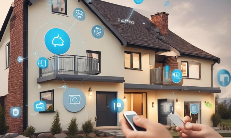 A cozy living room with a person speaking to a smart speaker on a side table.