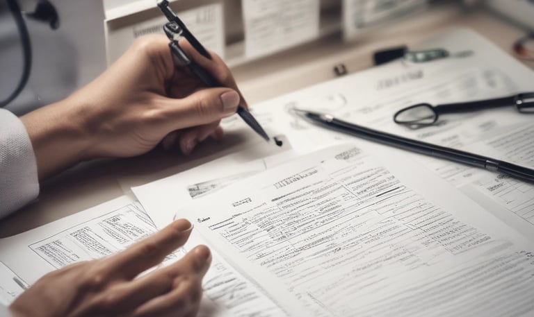 A person with dark hair wearing a red sweater is examining the back and neck of another person with blonde hair in a ponytail. The person being examined is wearing a medical gown and sitting on a medical chair. The background shows medical equipment and certificates on the wall.