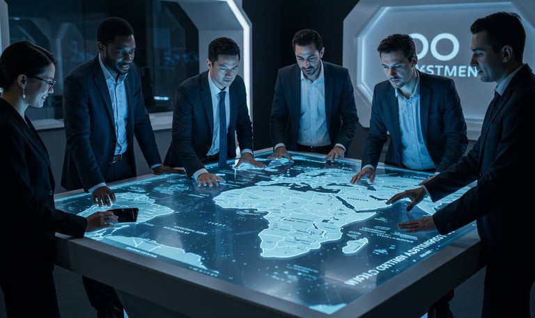 a group of people standing around a table with a large screen
