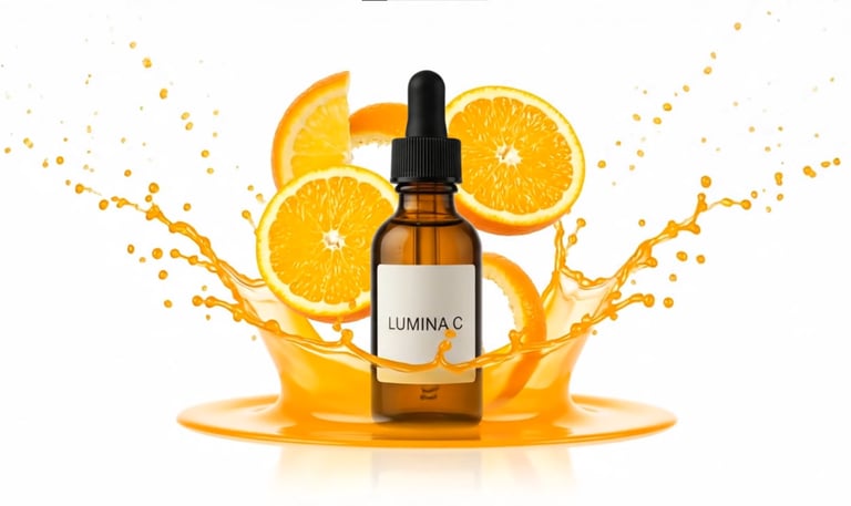 Ejemplo de vídeo de producto con IA: sérum facial y splash de naranja