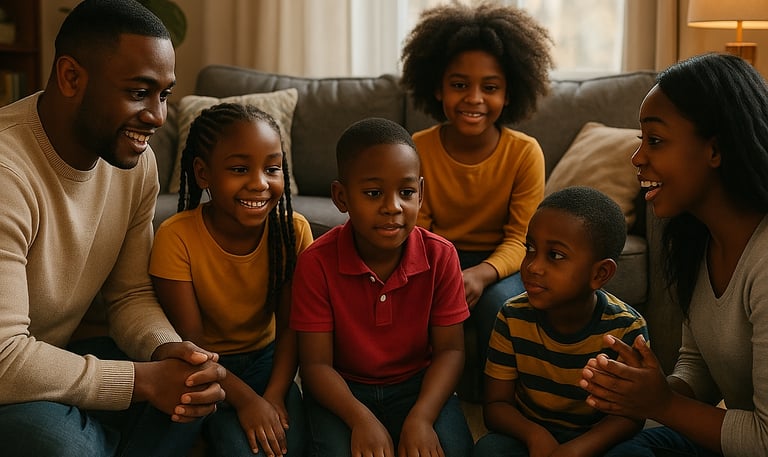 une famille assise par terre dans un salon