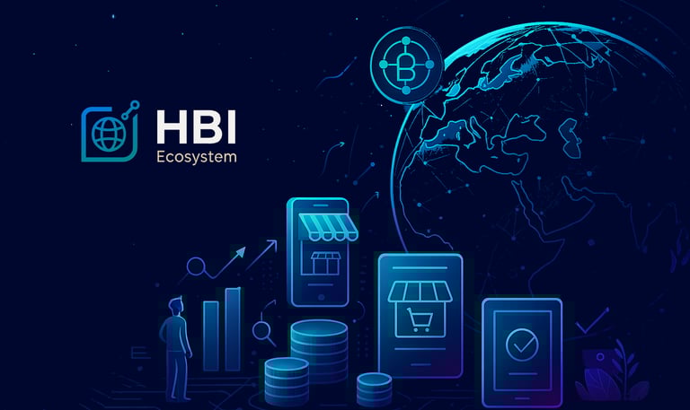 Illustration of the global HBI Ecosystem connecting exporters, AI tools, and digital trade platforms worldwide.