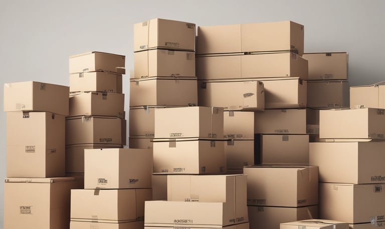 A large, organized warehouse filled with shelves stacked with boxes and electronic parts. Several workers, some wearing lab coats, are engaged in tasks like assembling items. The floor is lined with rows of fans or similar objects.