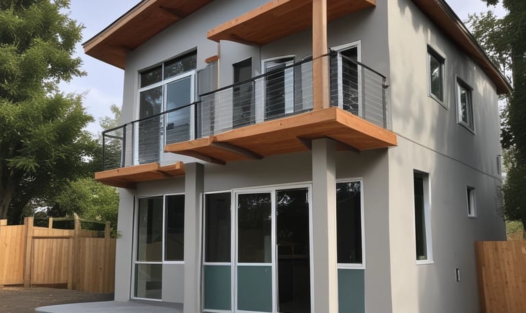 A multi-story residential building features numerous apartments with balconies. Each unit is fitted with air conditioning units attached below the windows. The facade exhibits a uniform pattern of windows and concrete, creating a repetitive architectural style.
