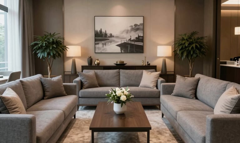 An inviting reception area featuring modern furnishings and a warm ambiance.