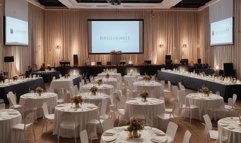 A beautifully decorated banquet hall with elegant lighting and floral arrangements.