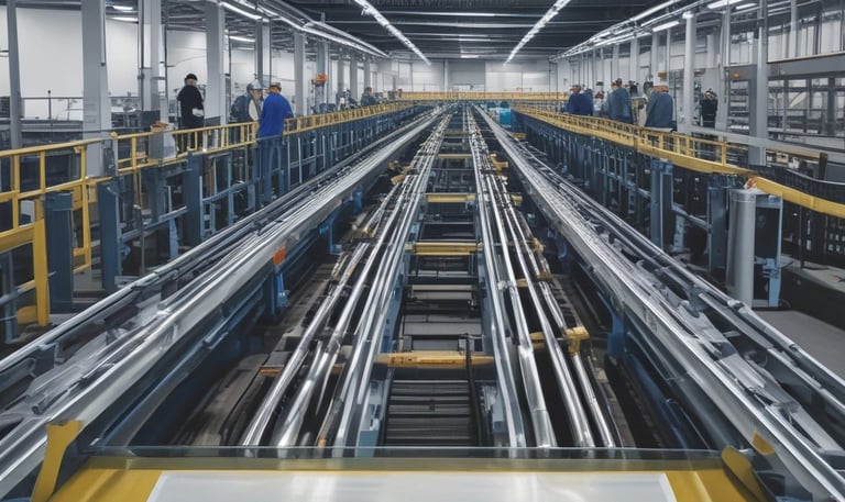 An industrial setting with a large metal structure that includes conveyor belts and piping, set against a clear sky. The foreground features the rear of a vehicle with a sticker on the window.